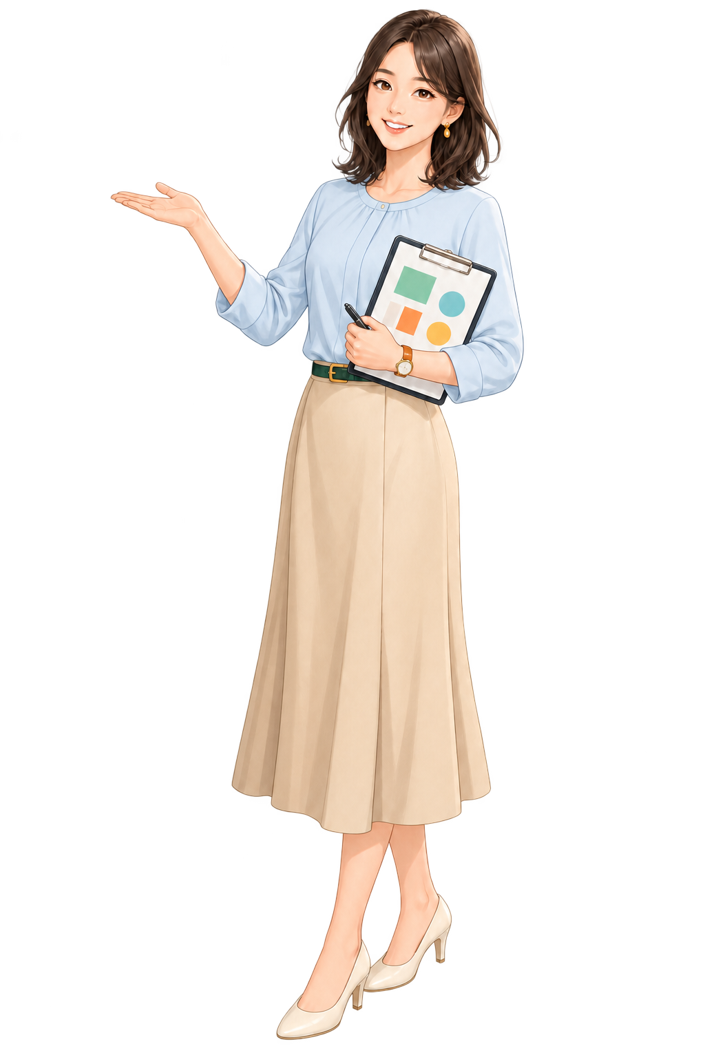 クリップボードを持ち、食品データの作成工程を案内する女性管理栄養士のイラスト