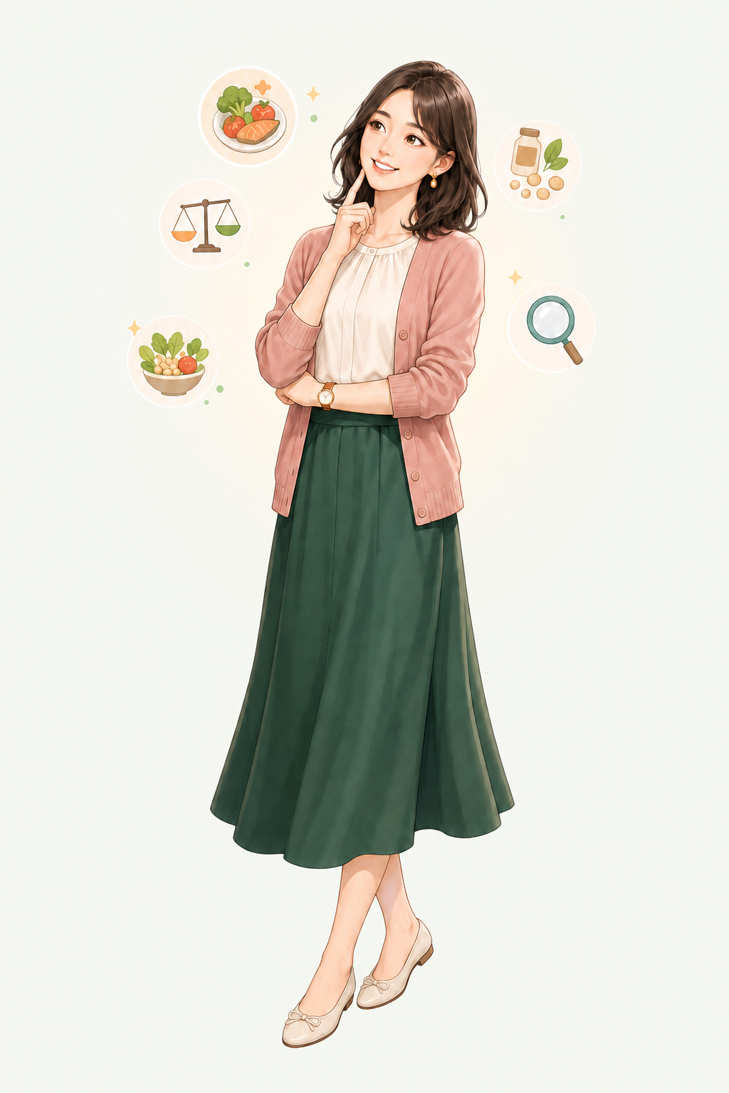 5つの食品検索方法を可愛く考える女性キャラクターのイラスト