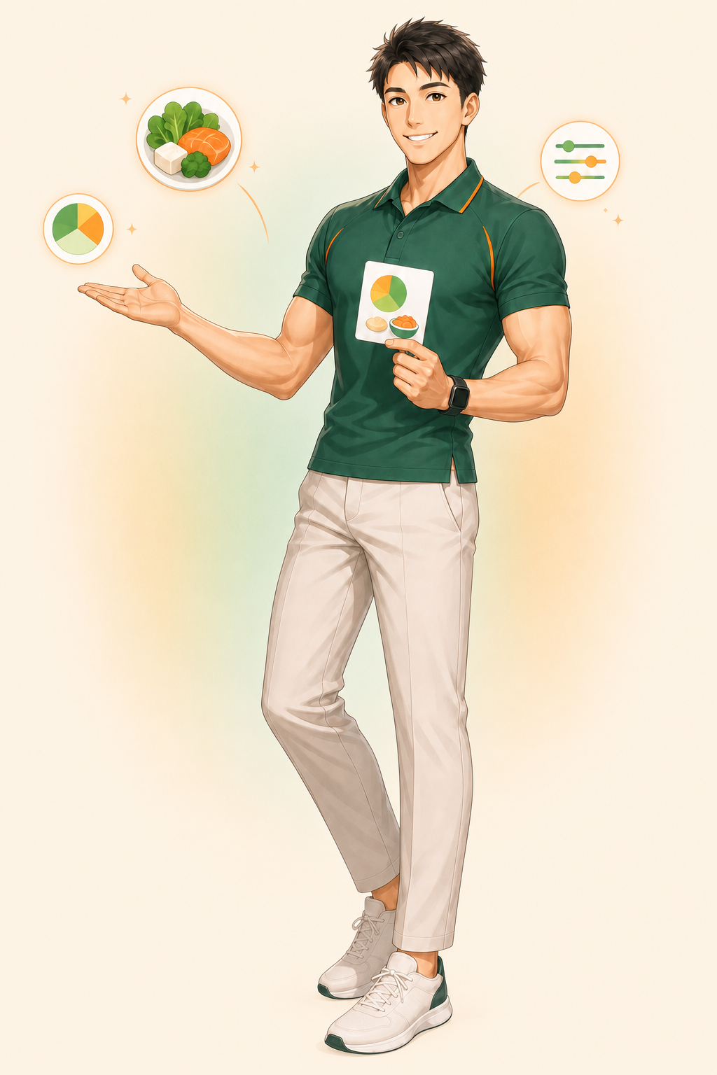 栄養条件による高度検索を紹介する若い筋肉系男性キャラクターのイラスト