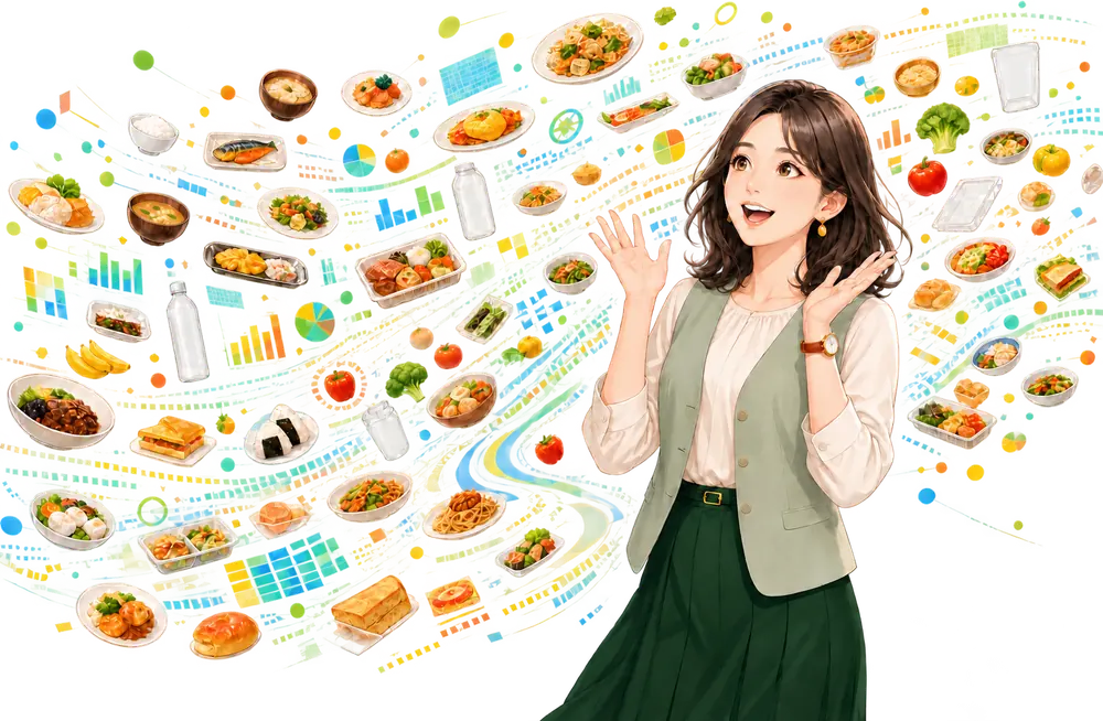 たくさんの料理や商品、グラフに囲まれて驚く女性のイラスト